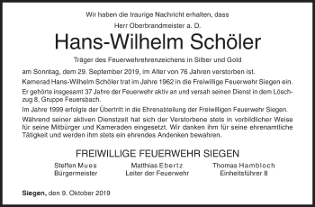 Traueranzeige von Hans-Wilhelm Schöler von Siegener Zeitung