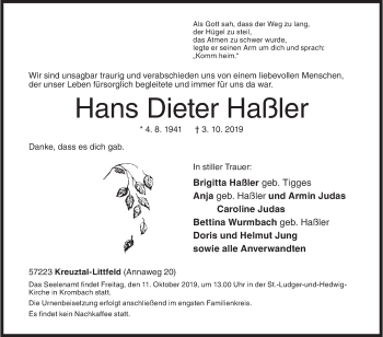 Traueranzeige von Hans Dieter Haßler von Siegener Zeitung