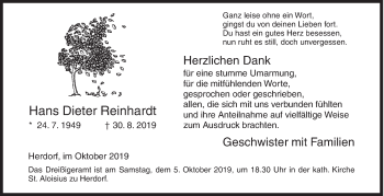 Traueranzeige von Hans Dieter Reinhardt von Siegener Zeitung