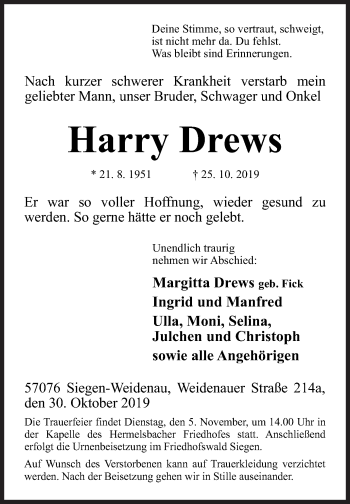 Traueranzeige von Harry Drews von Siegener Zeitung
