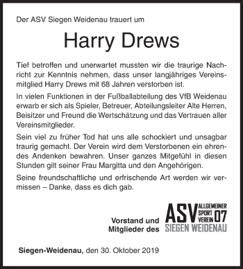 Traueranzeige von Harry Drews von Siegener Zeitung