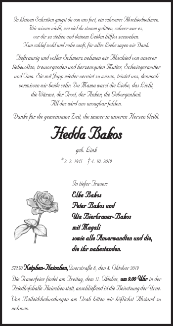 Traueranzeige von Hedda Bakos von Siegener Zeitung