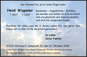 Traueranzeige von Heidi Wagener von Siegener Zeitung