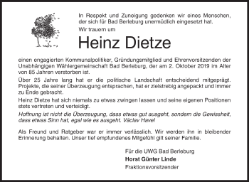 Traueranzeige von Heinz Dietze von Siegener Zeitung
