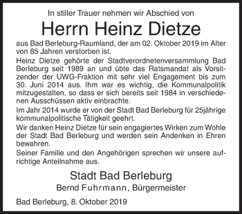 Traueranzeige von Heinz Dietze von Siegener Zeitung