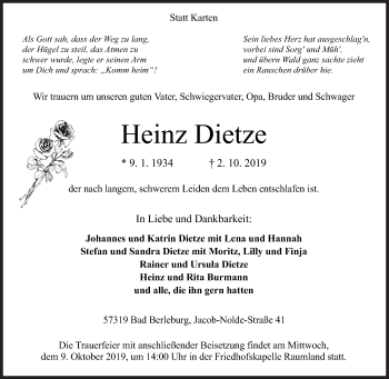Traueranzeige von Heinz Dietze von Siegener Zeitung