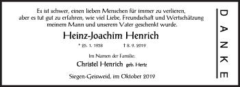 Traueranzeige von Heinz-Joachim Henrich von Siegener Zeitung