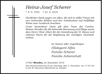 Traueranzeige von Heinz-Josef Scherer von Siegener Zeitung