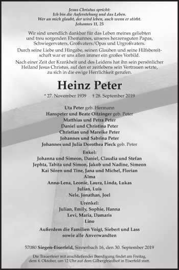 Traueranzeige von Heinz Peter von Siegener Zeitung