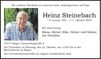 Traueranzeige von Heinz Steinebach von Siegener Zeitung