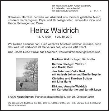 Traueranzeige von Heinz Waldrich von Siegener Zeitung