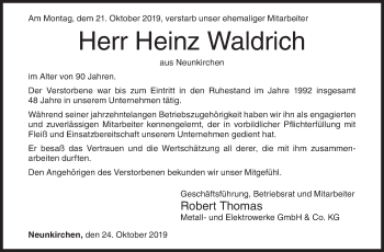 Traueranzeige von Heinz Waldrich von Siegener Zeitung