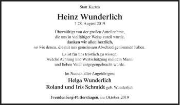 Traueranzeige von Heinz Wunderlich von Siegener Zeitung