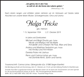 Traueranzeige von Helga Fricke von Siegener Zeitung
