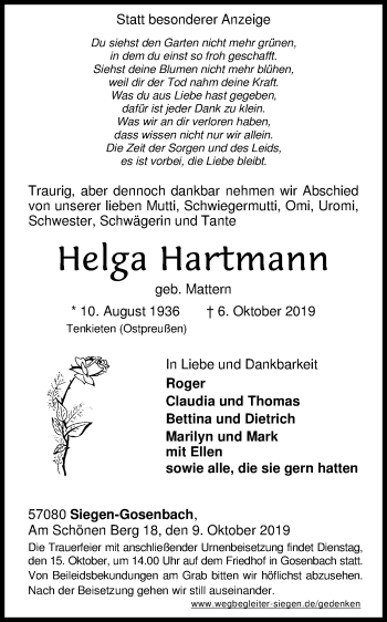 Traueranzeige von Helga Hartmann von Siegener Zeitung