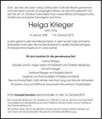 Traueranzeige von Helga Krieger von Siegener Zeitung