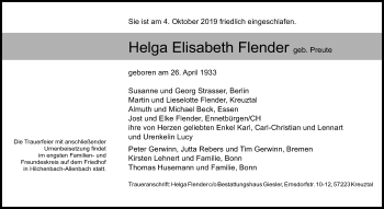 Traueranzeige von Helga Elisabeth Flender von Siegener Zeitung