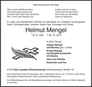Traueranzeige von Helmut Mengel von Siegener Zeitung