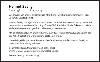 Traueranzeige von Helmut Seelig von Siegener Zeitung