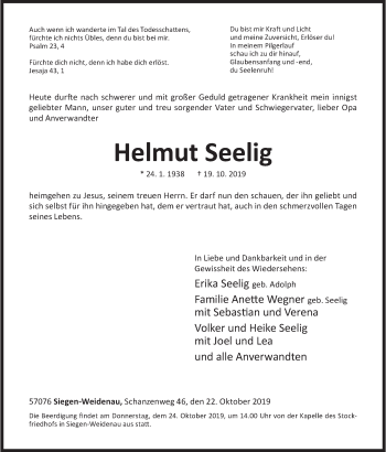 Traueranzeige von Helmut Seelig von Siegener Zeitung