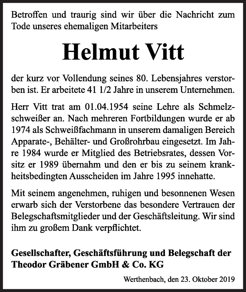  Traueranzeige für Helmut Vitt vom 23.10.2019 aus Siegener Zeitung