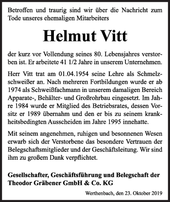 Traueranzeige von Helmut Vitt von Siegener Zeitung