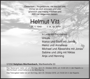 Traueranzeige von Helmut Vitt von Siegener Zeitung