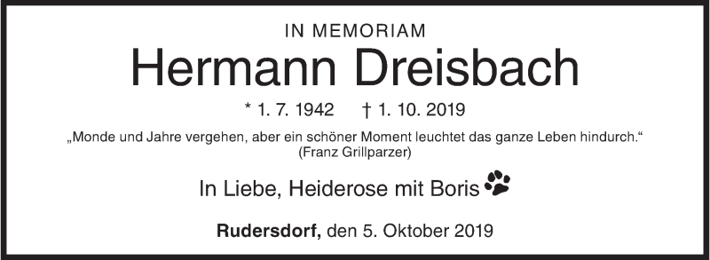  Traueranzeige für Hermann Dreisbach vom 05.10.2019 aus Siegener Zeitung