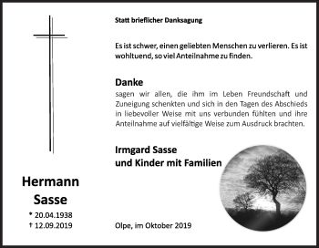 Traueranzeige von Hermann Sasse von Siegener Zeitung