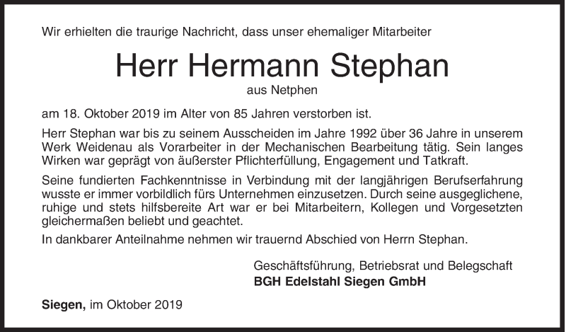  Traueranzeige für Hermann Stephan vom 23.10.2019 aus Siegener Zeitung