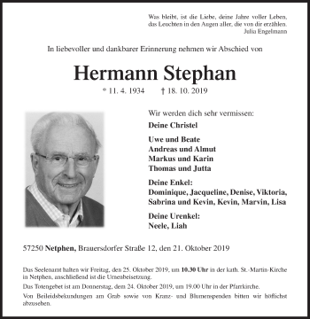 Traueranzeige von Hermann Stephan von Siegener Zeitung