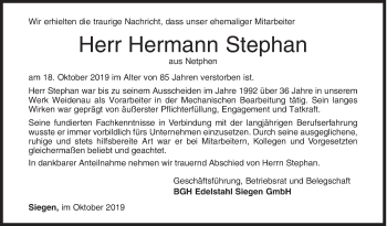Traueranzeige von Hermann Stephan von Siegener Zeitung