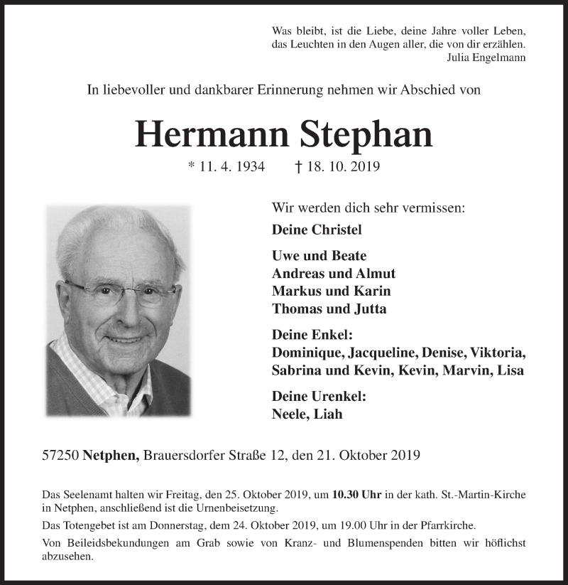  Traueranzeige für Hermann Stephan vom 21.10.2019 aus Siegener Zeitung