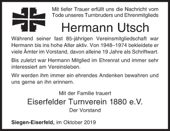 Traueranzeige von Hermann Utsch von Siegener Zeitung