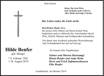 Traueranzeige von Hilde Benfer von Siegener Zeitung