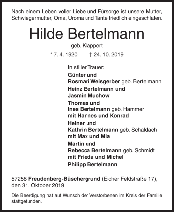 Traueranzeige von Hilde Bertelmann von Siegener Zeitung