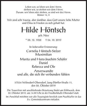 Traueranzeige von Hilde Höntsch von Siegener Zeitung