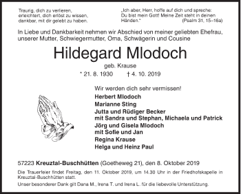 Traueranzeige von Hildegard Mlodoch von Siegener Zeitung