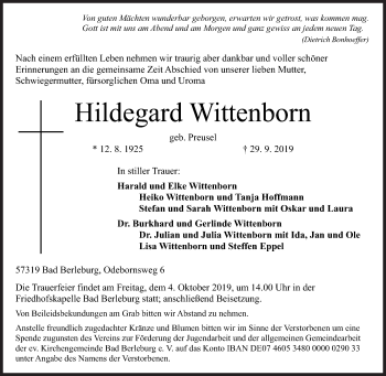 Traueranzeige von Hildegard Wittenborn von Siegener Zeitung
