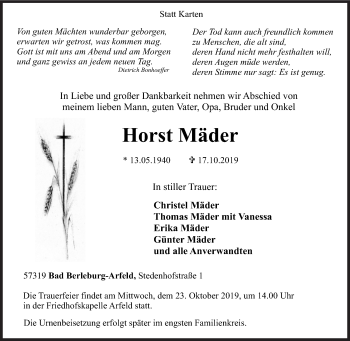 Traueranzeige von Horst Mäder von Siegener Zeitung