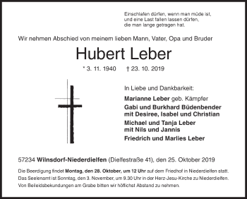 Traueranzeige von Hubert Leber von Siegener Zeitung
