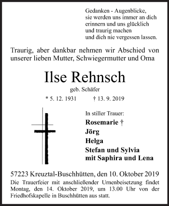 Traueranzeige von Ilse Rehnsch von Siegener Zeitung