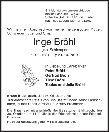 Traueranzeige von Inge Bröhl von Siegener Zeitung