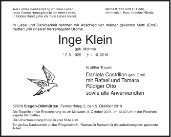 Traueranzeige von Inge Klein von Siegener Zeitung