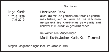 Traueranzeige von Inge Kurth von Siegener Zeitung