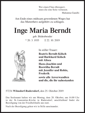 Traueranzeige von Inge Maria Berndt von Siegener Zeitung