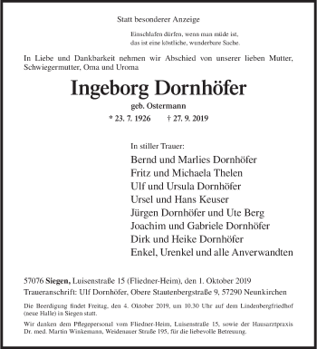 Traueranzeige von Ingeborg Dornhöfer von Siegener Zeitung