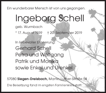 Traueranzeige von Ingeborg Schell von Siegener Zeitung