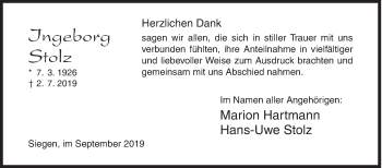 Traueranzeige von Ingeborg Stolz von Siegener Zeitung