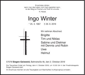 Traueranzeige von Ingo Winter von Siegener Zeitung